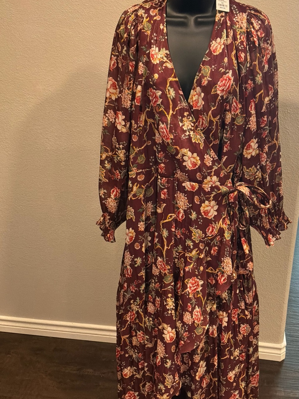 LC Lauren Conrad Burgundy Floral Wrap Dress with Tie Waist